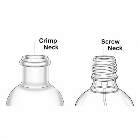 A side-by-side comparison of a Crimp Neck and a Screw Neck on a perfume bottle.