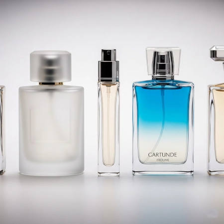 A lineup of perfume bottles showing customization like frosted glass and gradient color spray.